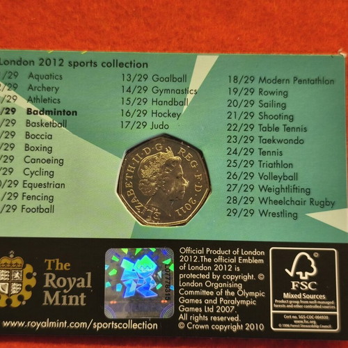 50 Pence Coin London 2012 Badminton Olympic Games New