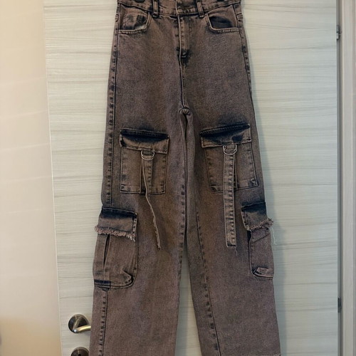 Baggy trashed cargo style jeans dark blue and pink like new