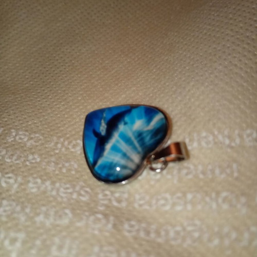 Ocean pendant new, metal and polished glass, blue and silver