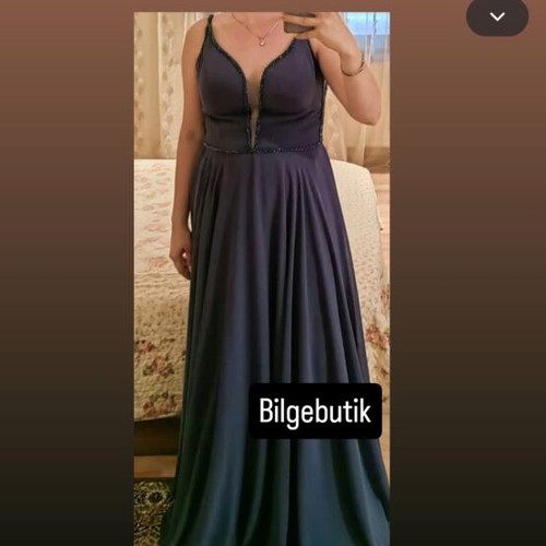 Elegant long boutique dress, dark blue satin