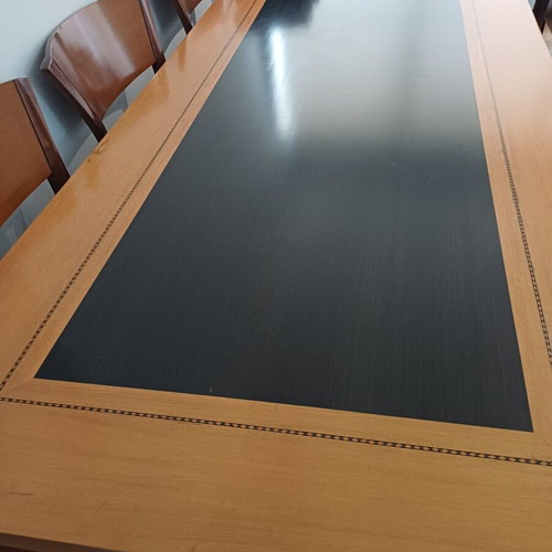 Marquetry dining set with 6 solid wood chairs by Varagki like new, 210×95