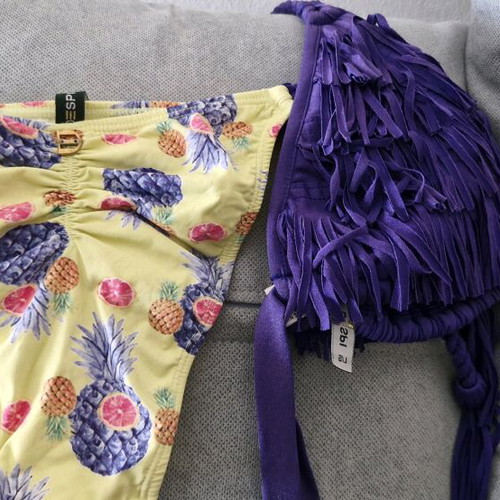 Despi bikini set top and bottom, purple and yellow, size large