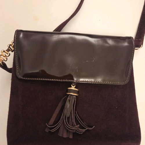 Structured Suede and Patent Leather Tassel Crossbody Bag used, burgundy