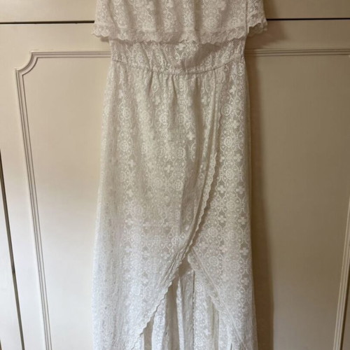 Lynne white long strapless lace dress