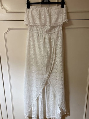 Lynne white long strapless lace dress