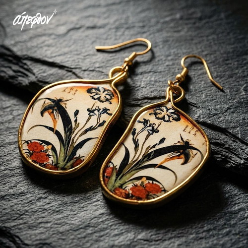 Apefthon earrings with Kingfisher, iris and carnation theme, new, multicolor and gold