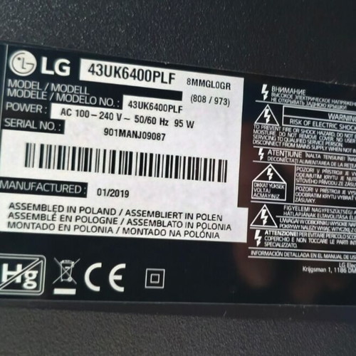 LG 43UK6400PLF 43" 4K UHD Smart TV with broken panel