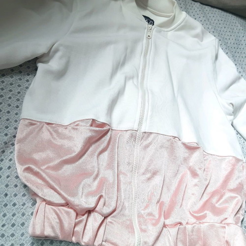 Tag Modest Clothing cardigan M used, white with pink satin details