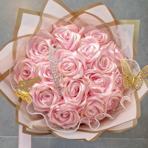 Handmade satin rose bouquet with tiara and golden butterflies