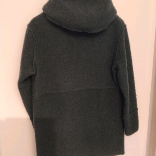 Wool coat in cypress color with oversized hood, used