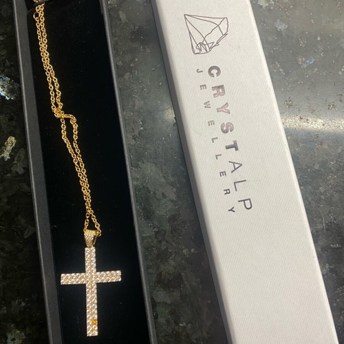 Crystalp steel cross gold color new with missing stone