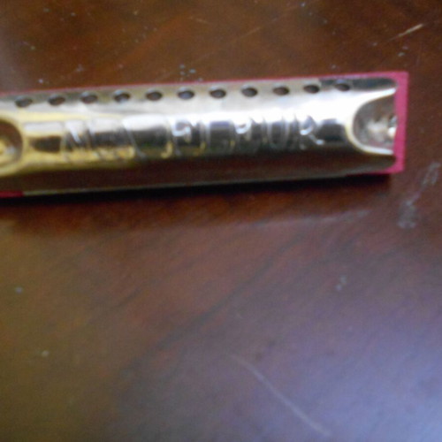 Wooden double tambourine used, diameters 16 and 13 cm with 3 unused Czechoslovak harmonicas from 1950s