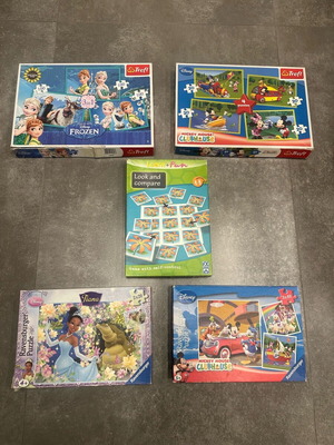 Children's puzzles used with Mickey Mouse, Frozen themes and memory game