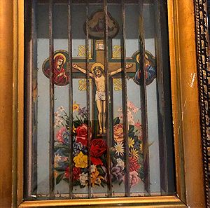 Χριστιανική Εικόνα ξύλινη τρισδιάστατη Εικόνα Της Σταύρωσης Του Ιησού Χριστού,Αγιος Γεώργιος,Στεφάνι