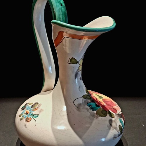 Vintage Italian Pottery Pitcher hand painted with floral relief