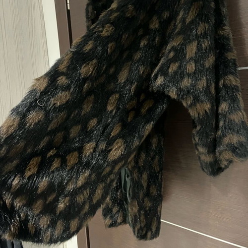 Eco fur coat with hood used, brown, oversized S-M