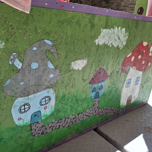 Handmade wooden puppet theater with hand-painted details and puppets like new