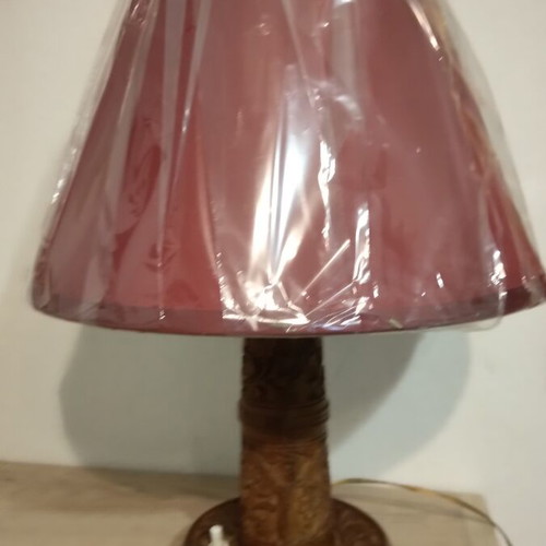 Table lamp with wooden embossed base and new shade
