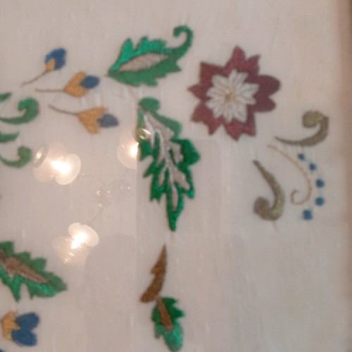 Embroidered tray used with wooden frame and copper handles