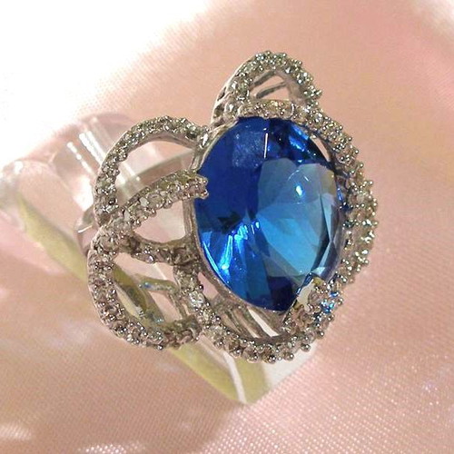 925 Silver Ring with Blue Topaz Colour Crystal New