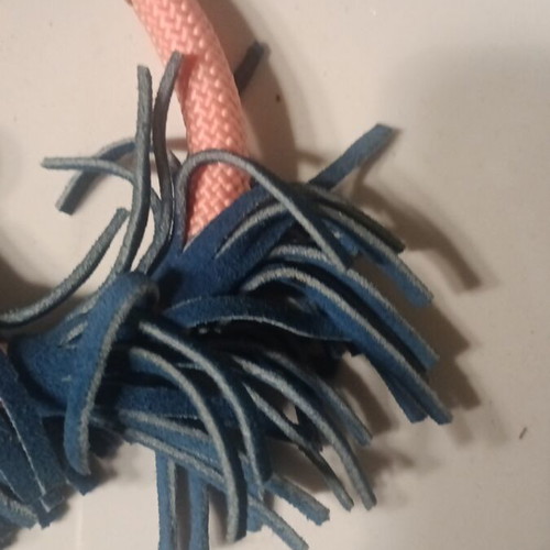 Handmade bracelet pink with blue leather tassels like new