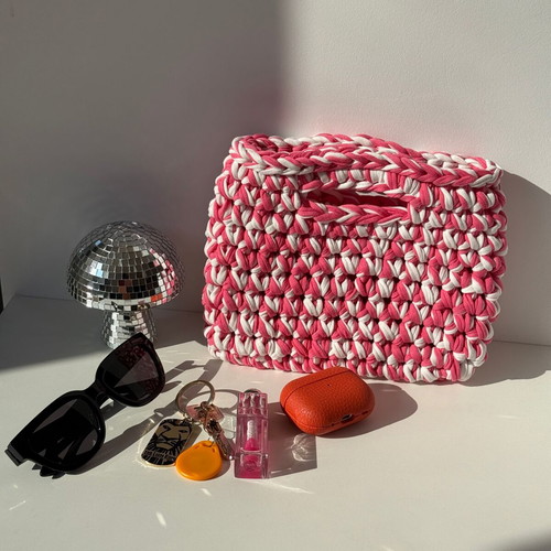Handmade Crochet Mini Bag in White and Pink