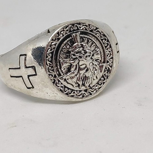 Ring with Jesus Christ like new, men's silver tone metal