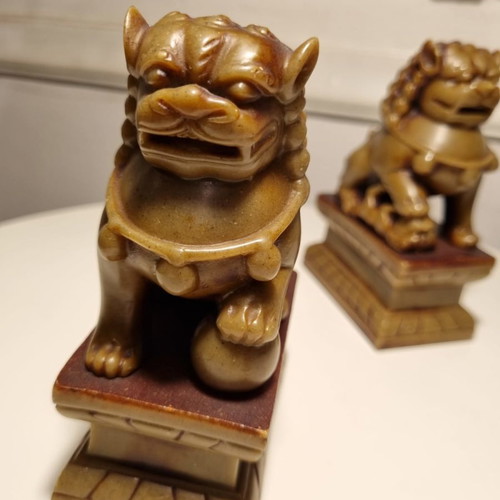 Pair of carved 1950s soapstone Foo Dogs used