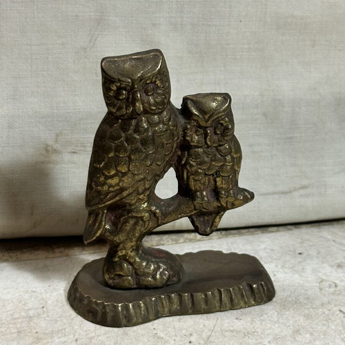 Vintage brass decorative sculpture with two owls on branch, used