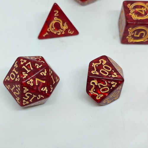 Dragon Scale Crimson & Gold RPG dice set like new