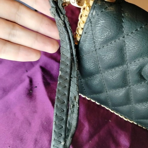 Quilted leather handbag purse used, black with gold details
