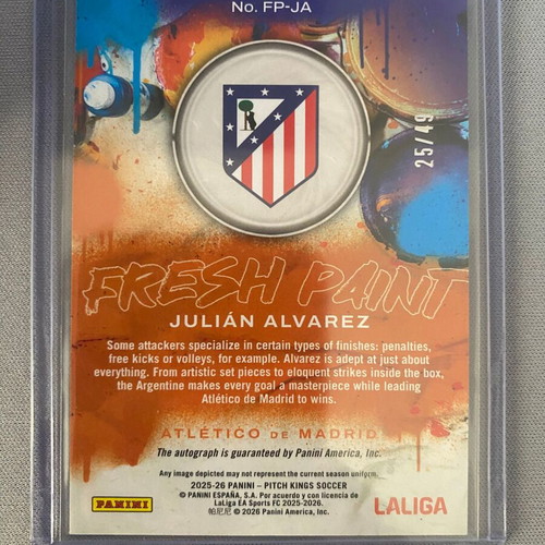Julian Alvarez 2025-26 Panini Pitch Kings Soccer Fresh Paint Auto Ruby