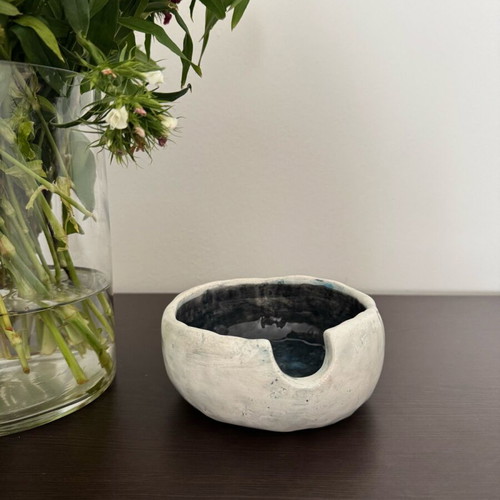 Handmade ceramic noodle bowl in dark blue and cream, new