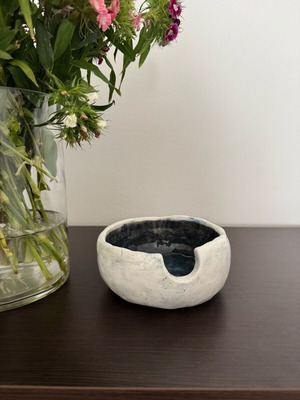 Handmade ceramic noodle bowl in dark blue and cream, new