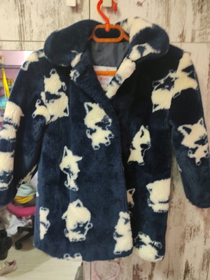 Children's fur coat like new, blue with white patterns, age 8-9