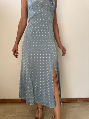 Satin midi dress turquoise polka dot with slit like new FOTINI KARAGIANNI