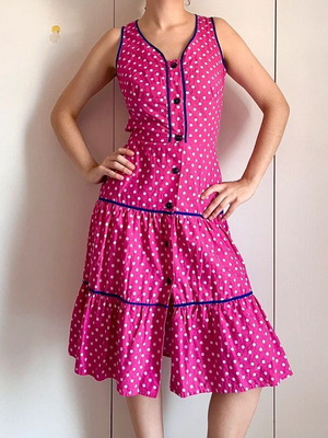 Hot Pink 1970s Vintage Polka Dot Summer Dress XS