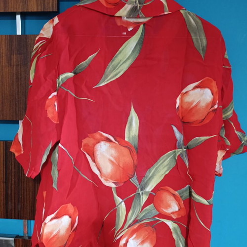 Vintage floral see through shirt used, red and green, size M