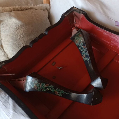Carved table with folding legs used, traditional Chinese design
