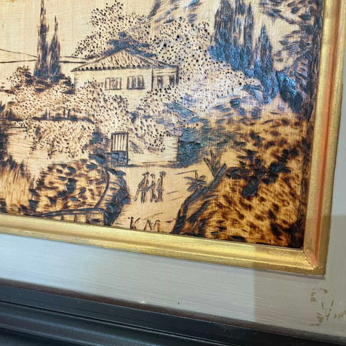 Vintage pyrography wall art of Peloponnese signed, used 39x47