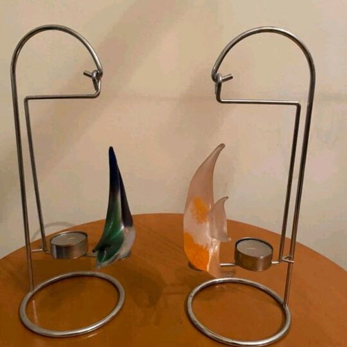 Glass decorative fish like new, set of 2 with tealight candle holder