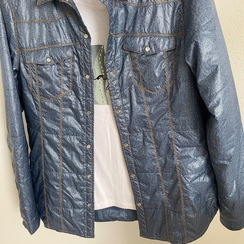Puffer jacket with printed denim shirt like new, size M, blue