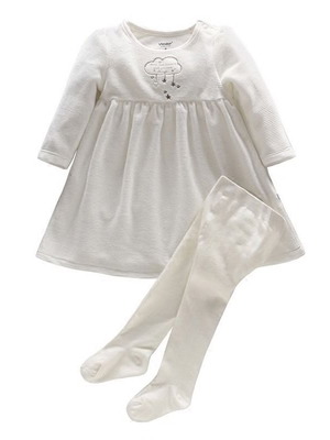 Baby dress 2 τεμαχίων με μακρυμάνικο φόρεμα και καλσόν λευκό 100% βαμβάκι