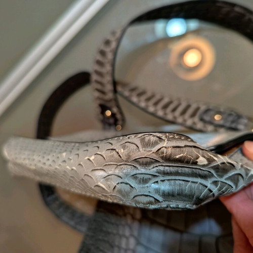 Double sided bag used, grey and silver croco-snake style