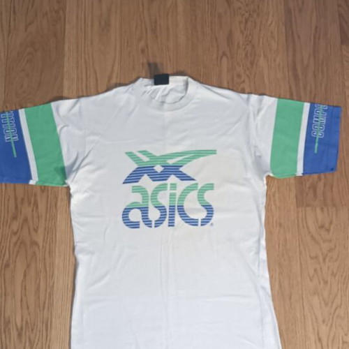 Vintage Asics 90s graphic t-shirt, white with green and blue sleeves