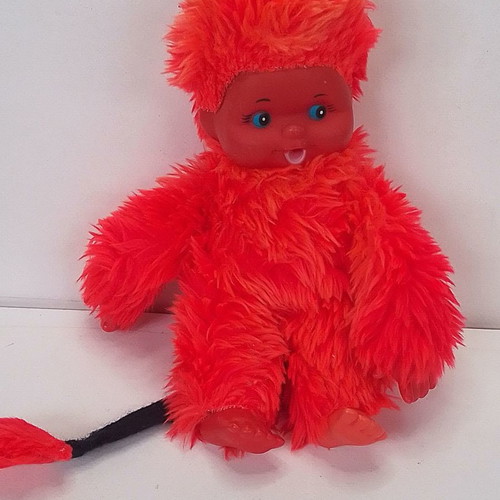 Vintage Monchhichi Old Red Devil Doll used, 70s, height 22 cm