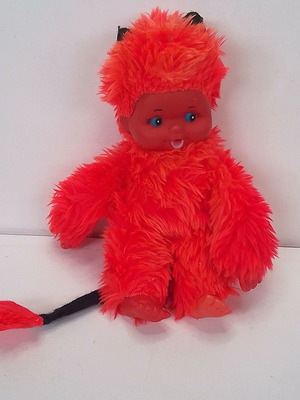 Vintage Monchhichi Old Red Devil Doll μεταχειρισμένη, 70s, ύψος 22 εκ.