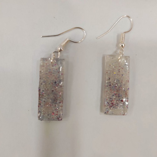 Earrings made of UV liquid glass new, silver with white beads and glitter