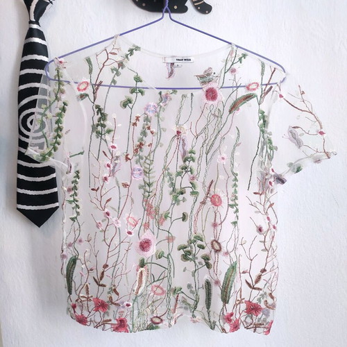 Transparent embroidered mesh blouse with floral designs, like new