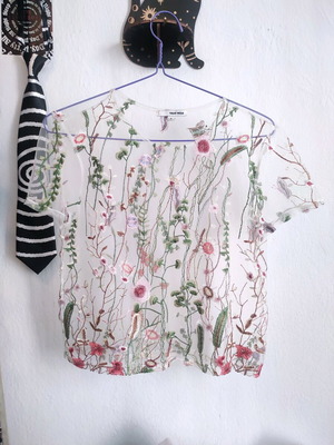 Transparent embroidered mesh blouse with floral designs, like new